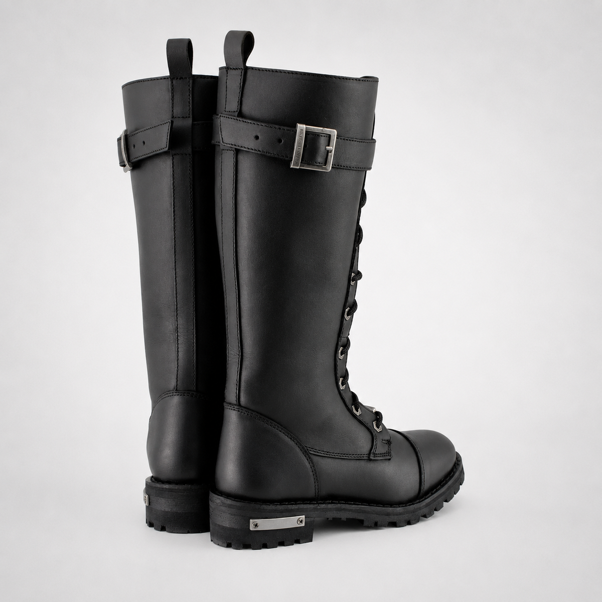 Exclusive One Buckle Black Knee-High Lace-Up Buckle Combat Boots - Leather Biker Style