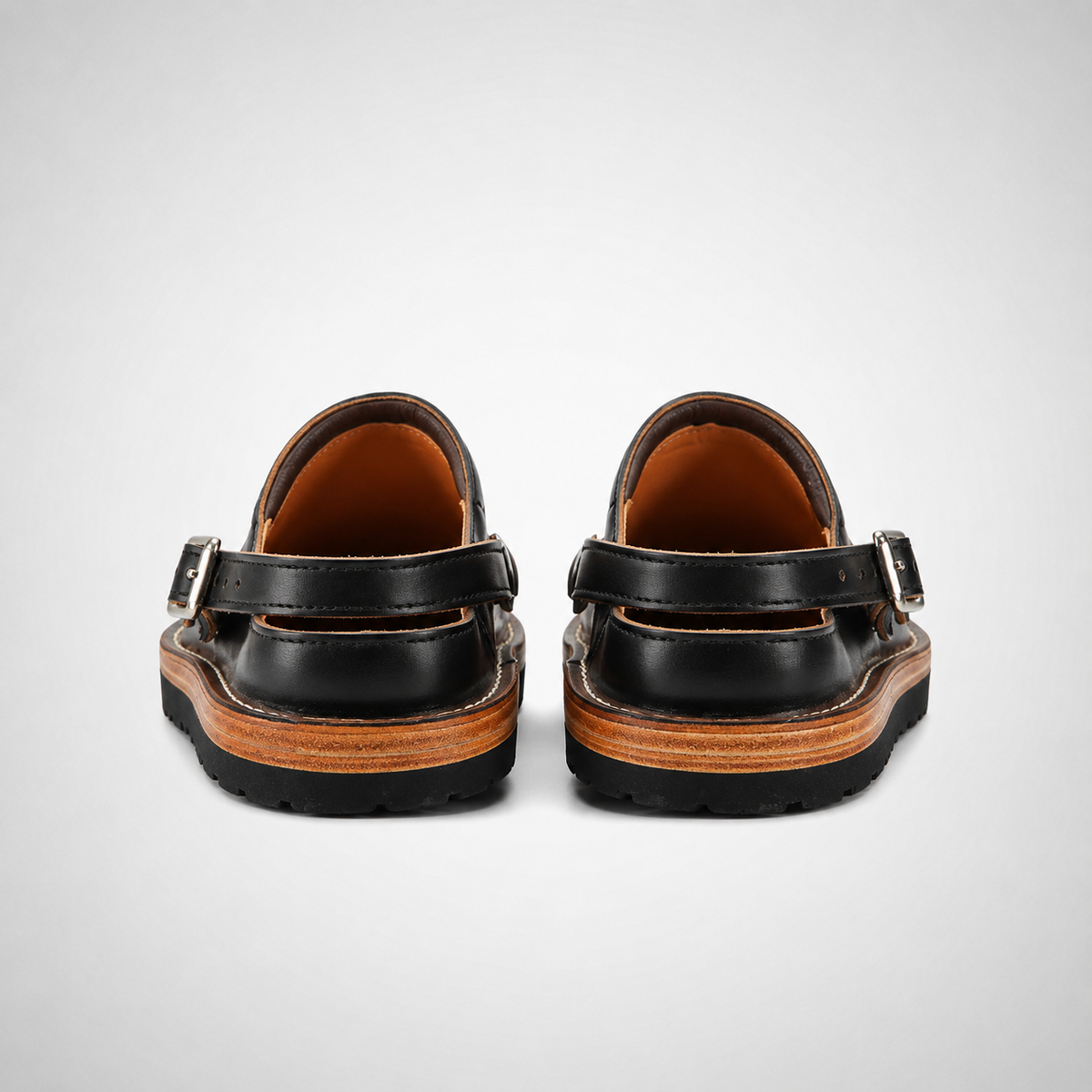 Mens Black Leather Buckle Strap Mule Clogs - Open Heel Welt Sole Slip-On Style