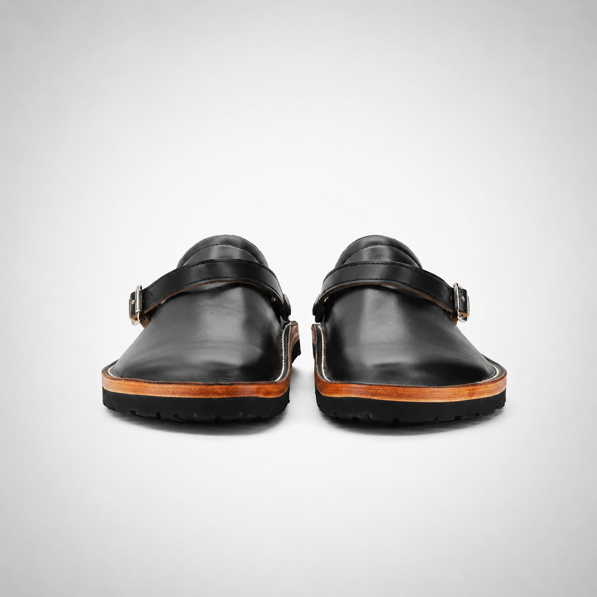 Mens Black Leather Buckle Strap Mule Clogs - Open Heel Welt Sole Slip-On Style