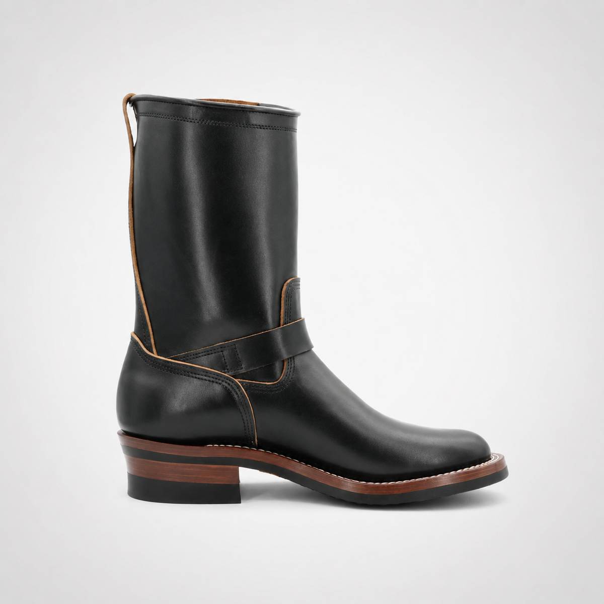 Mens Black Polished Leather Pull-On Hussar Harness Boots - Tan Piping Cuban Heel