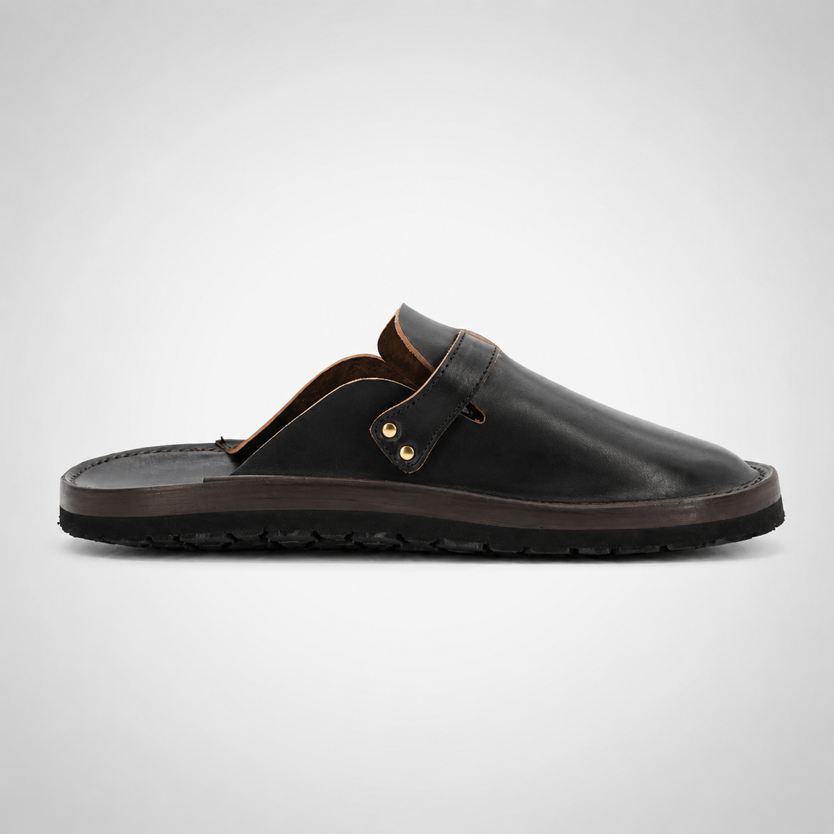 Mens Dark Brown Leather Gold Rivet Sabot Mule Slides - Closed Toe Backless Slip-On