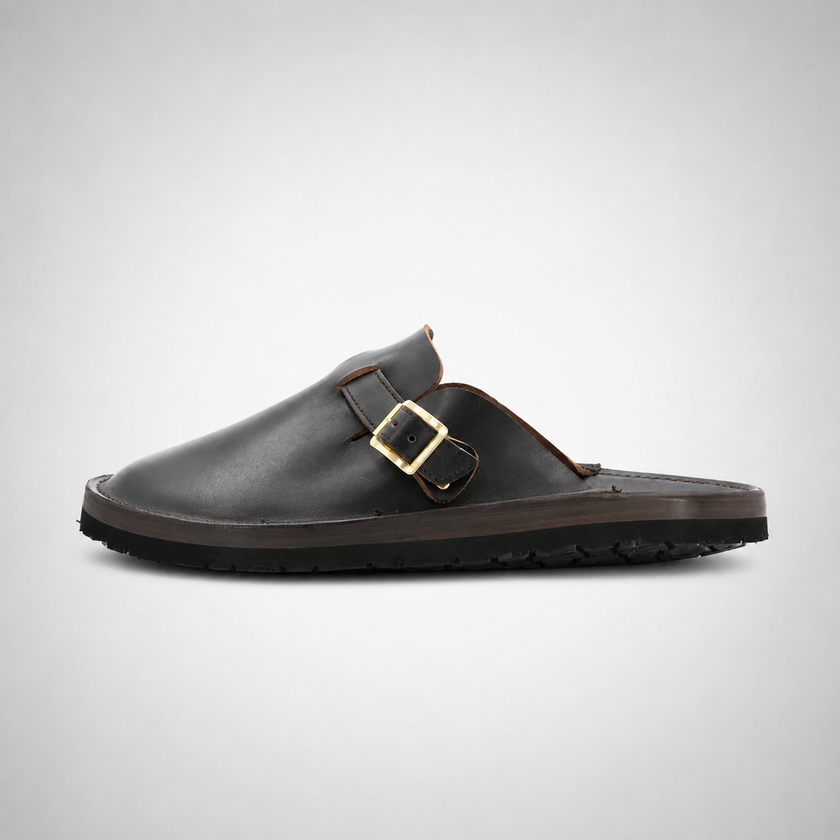 Mens Dark Brown Leather Gold Rivet Sabot Mule Slides - Closed Toe Backless Slip-On