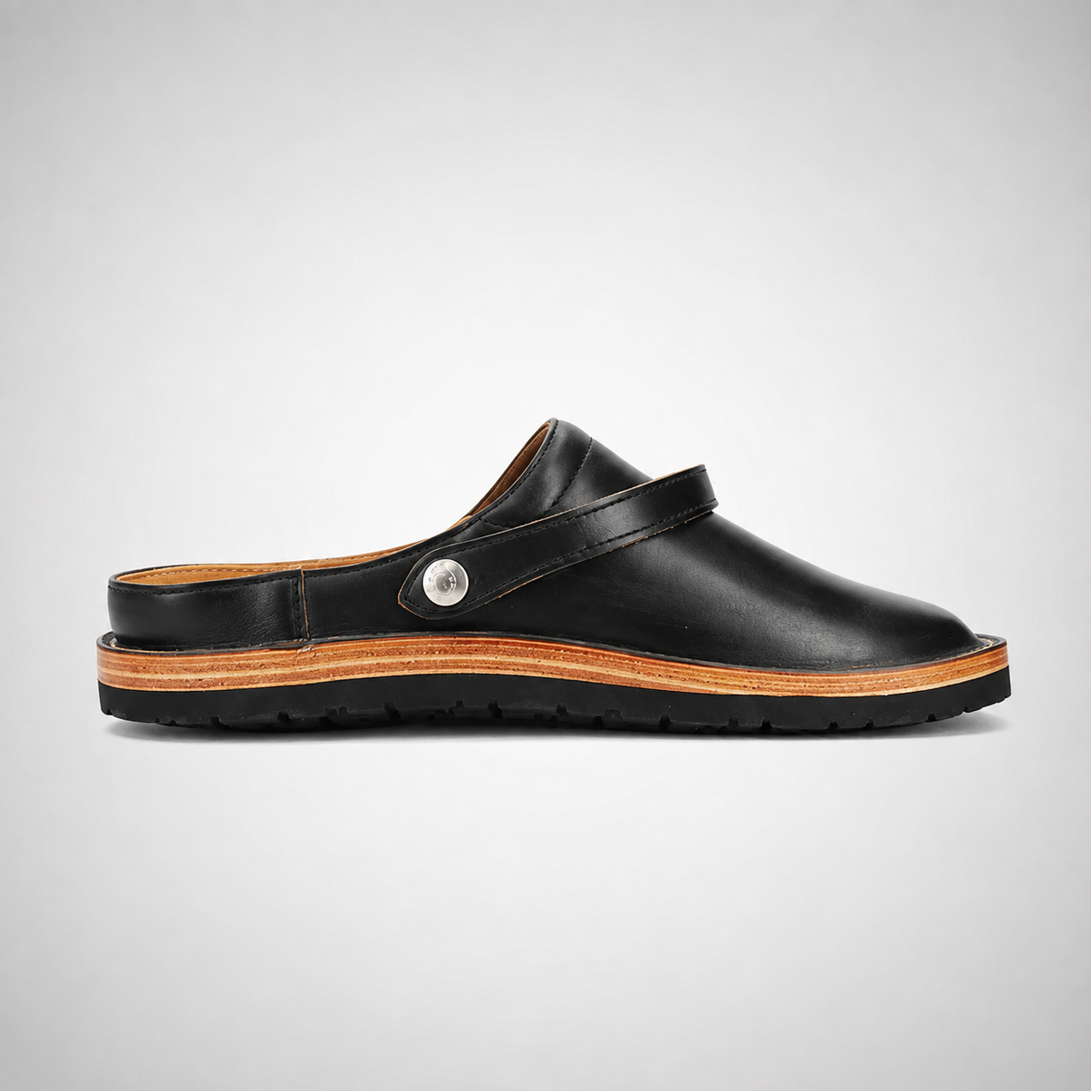 Mens Black Leather Buckle Strap Mule Clogs - Open Heel Welt Sole Slip-On Style