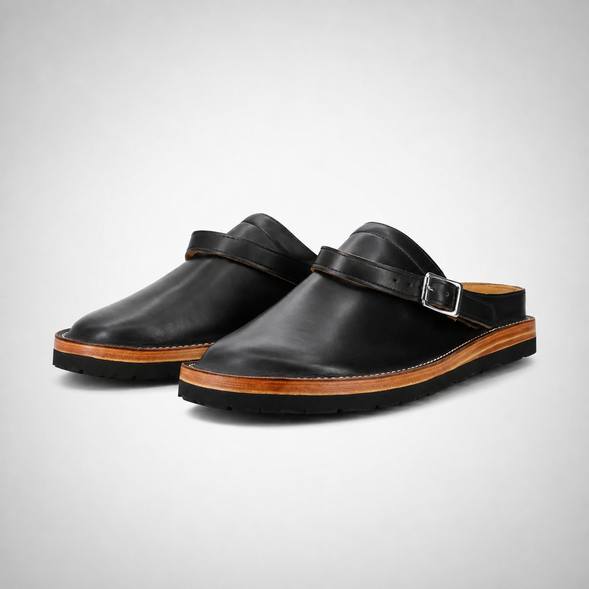 Mens Black Leather Buckle Strap Mule Clogs - Open Heel Welt Sole Slip-On Style