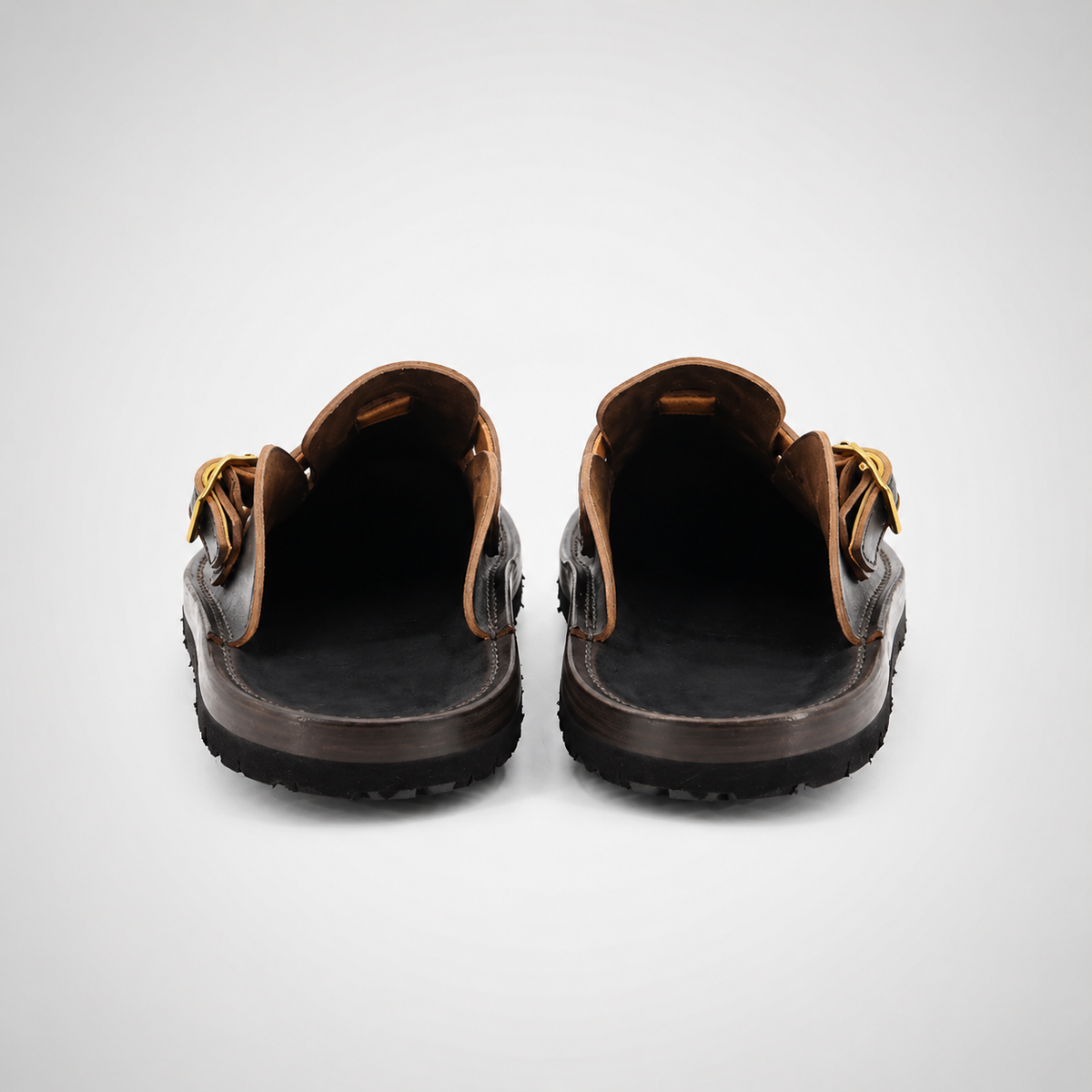 Mens Dark Brown Leather Gold Rivet Sabot Mule Slides - Closed Toe Backless Slip-On