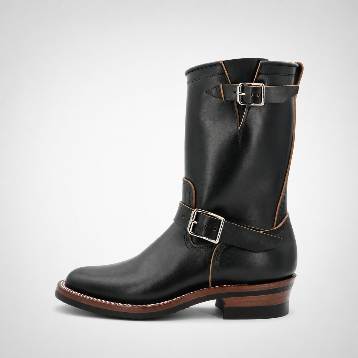 Mens Black Polished Leather Pull-On Hussar Harness Boots - Tan Piping Cuban Heel
