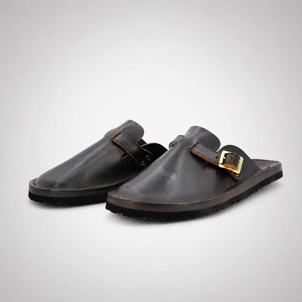 Mens Dark Brown Leather Gold Rivet Sabot Mule Slides - Closed Toe Backless Slip-On
