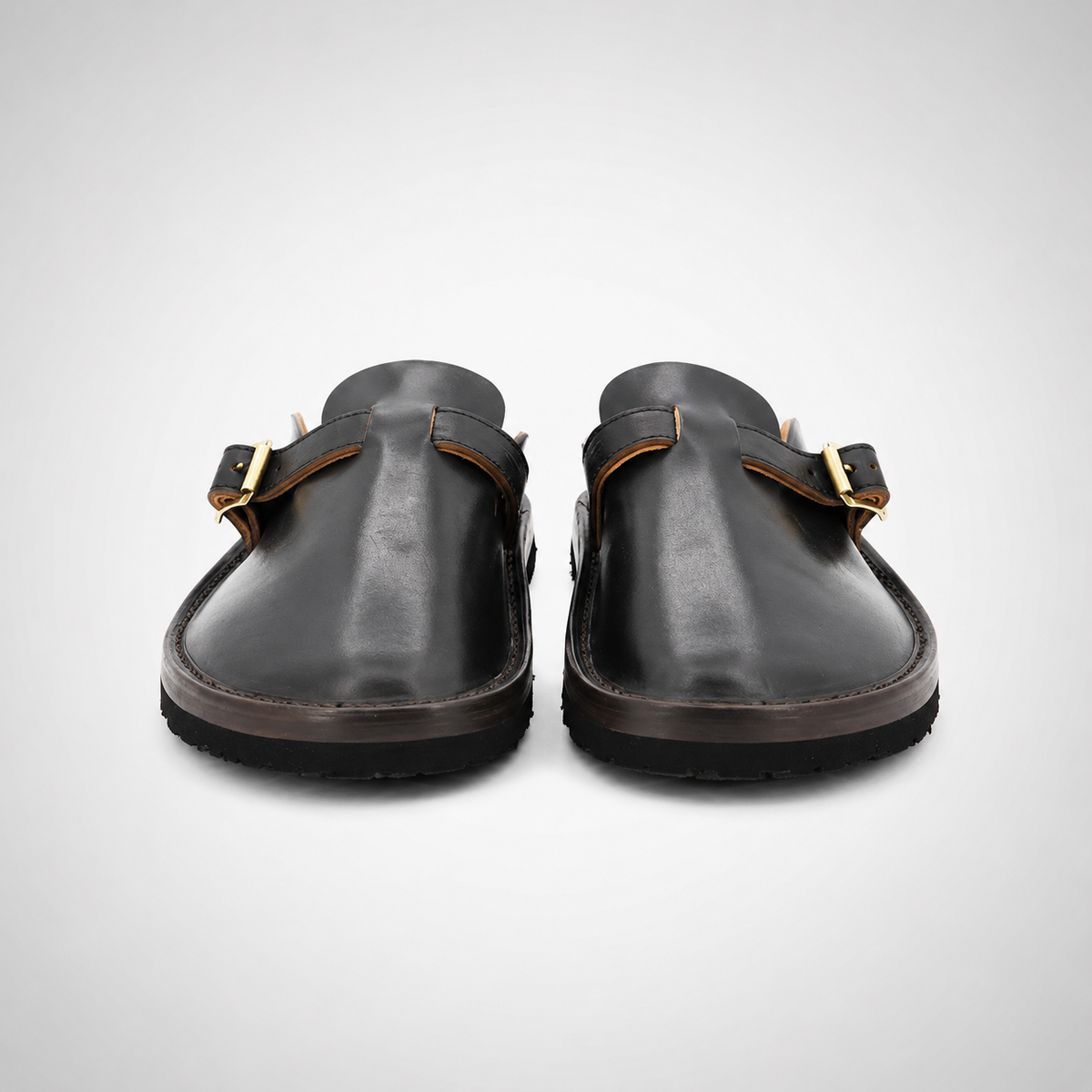 Mens Dark Brown Leather Gold Rivet Sabot Mule Slides - Closed Toe Backless Slip-On
