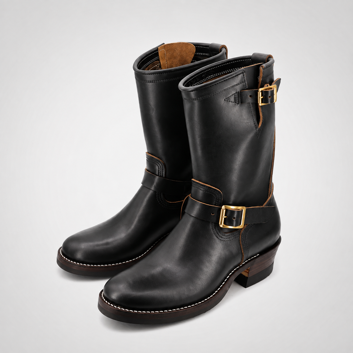 Mens Black Polished Leather Pull-On Hussar Harness Boots - Tan Piping Cuban Heel