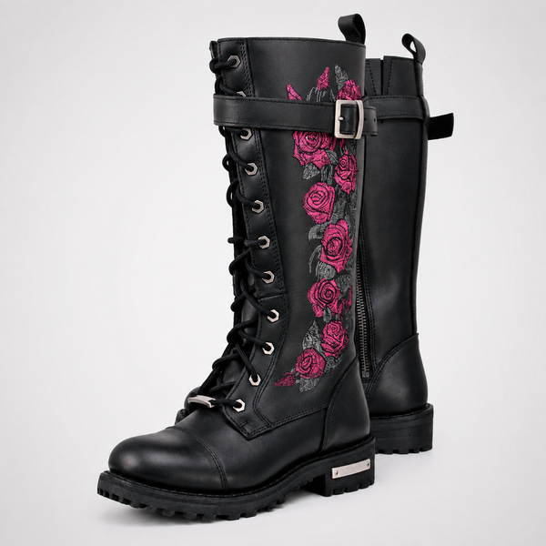 Womens Black Knee-High Rose Embroidery Combat Boots - Leather Lace-Up Biker Style