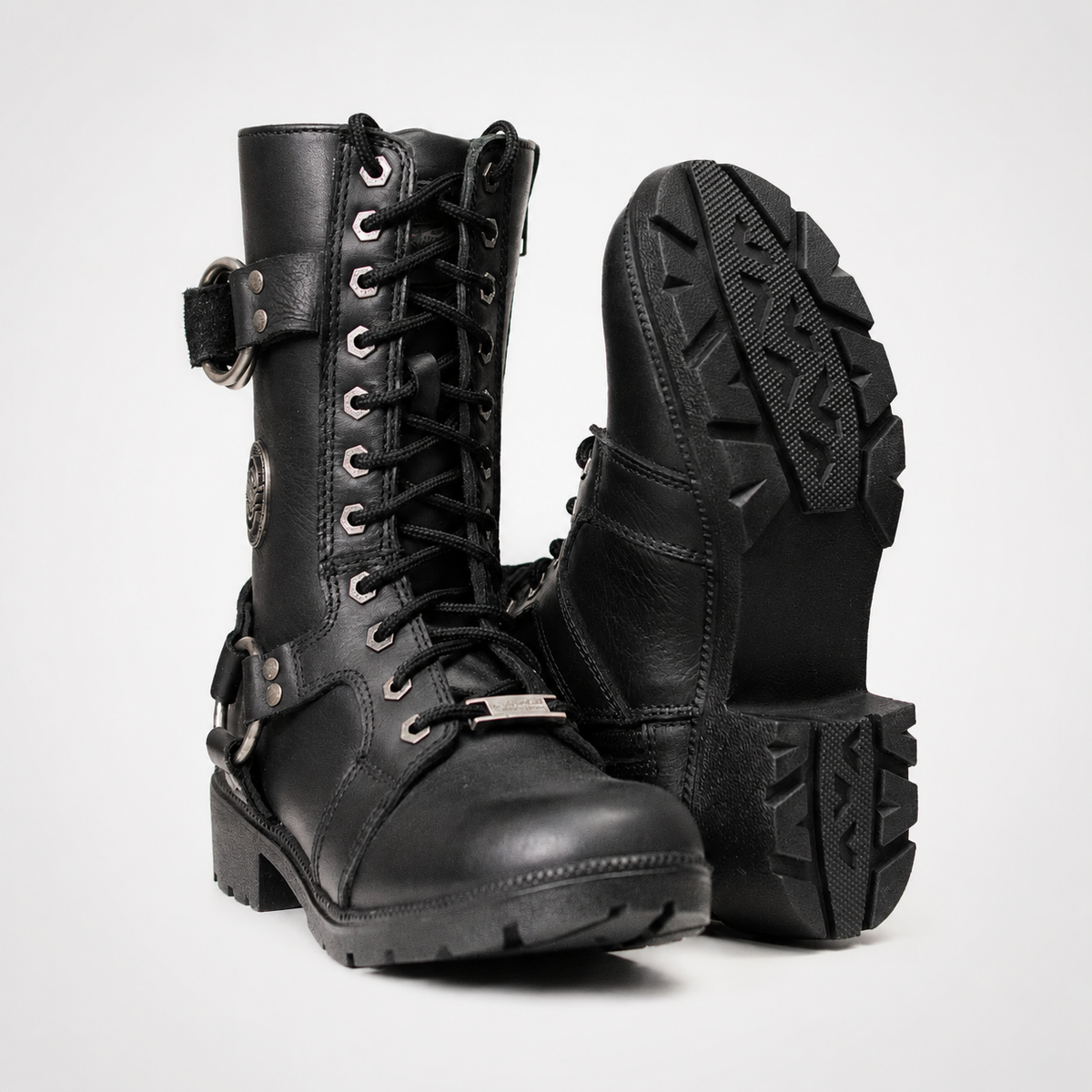 Black Leather Lace-Up Harness Motorcycle Boots - Mid-Calf Biker Style