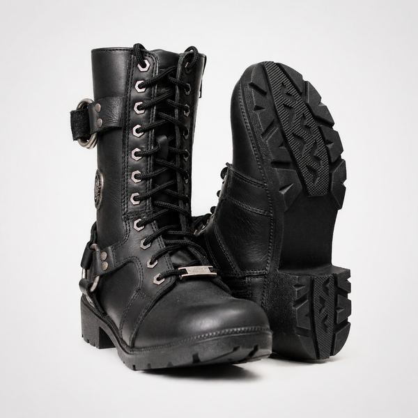 Black Leather Lace-Up Harness Motorcycle Boots - Mid-Calf Biker Style