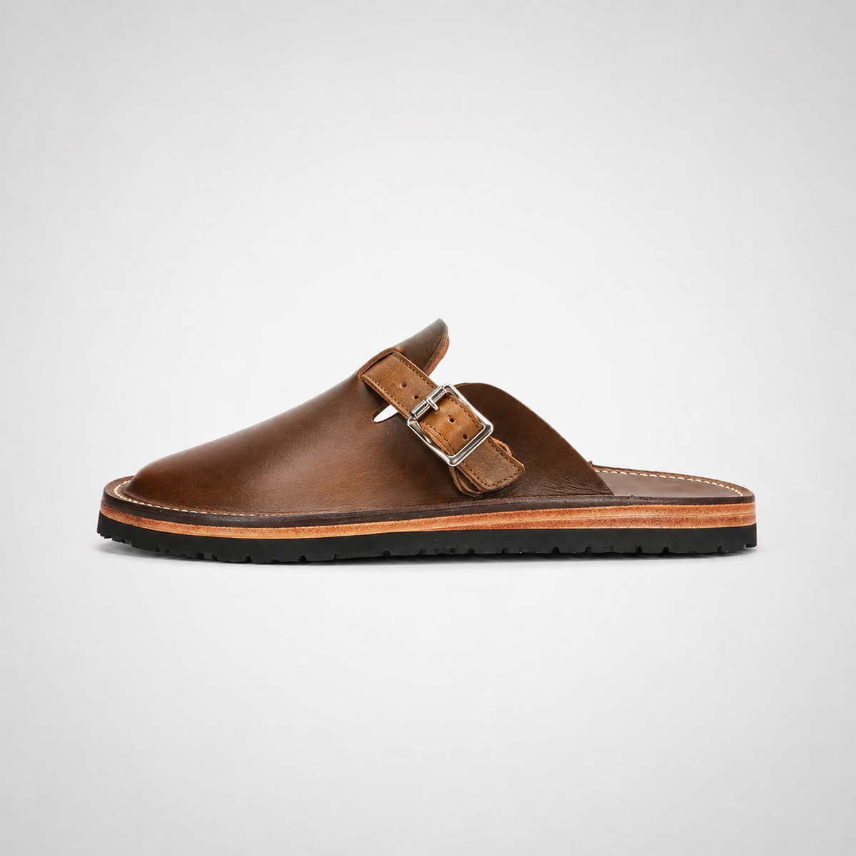 Mens Chestnut Brown Burnished Leather Monk Strap Sabot Mules - Welt Sole Slip-On