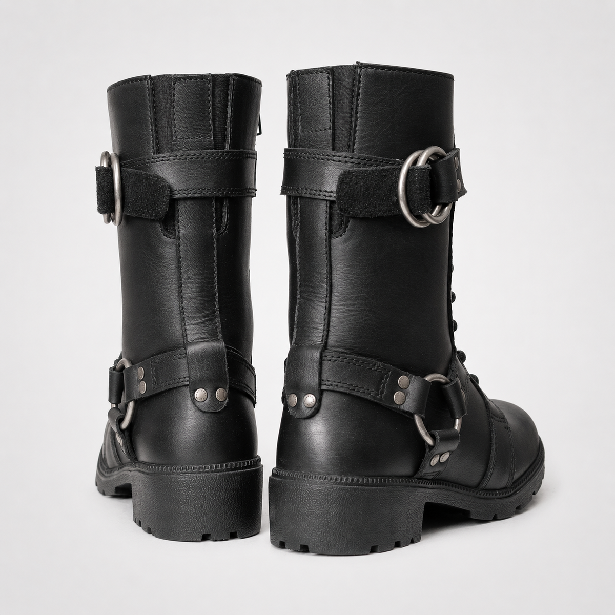 Black Leather Lace-Up Harness Motorcycle Boots - Mid-Calf Biker Style