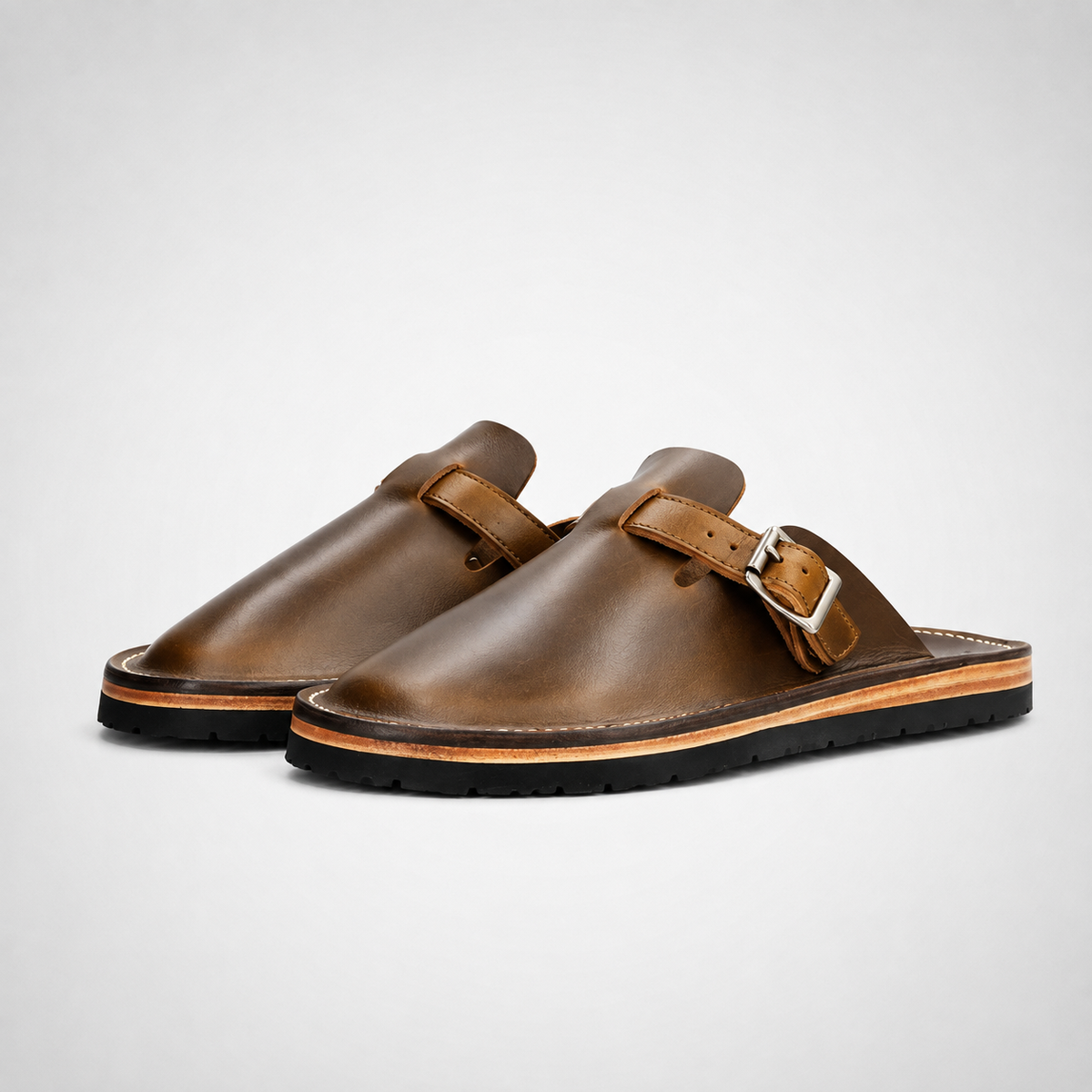 Mens Chestnut Brown Burnished Leather Monk Strap Sabot Mules - Welt Sole Slip-On
