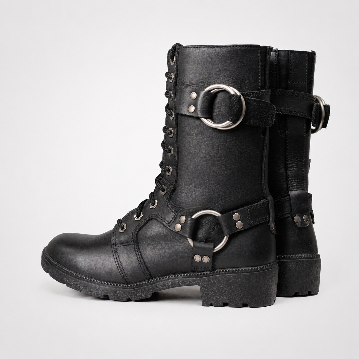 Black Leather Lace-Up Harness Motorcycle Boots - Mid-Calf Biker Style