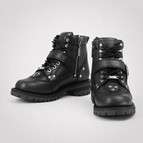 Womens Black Leather Lace-Up Buckle Motorcycle Ankle Boots - Biker Style