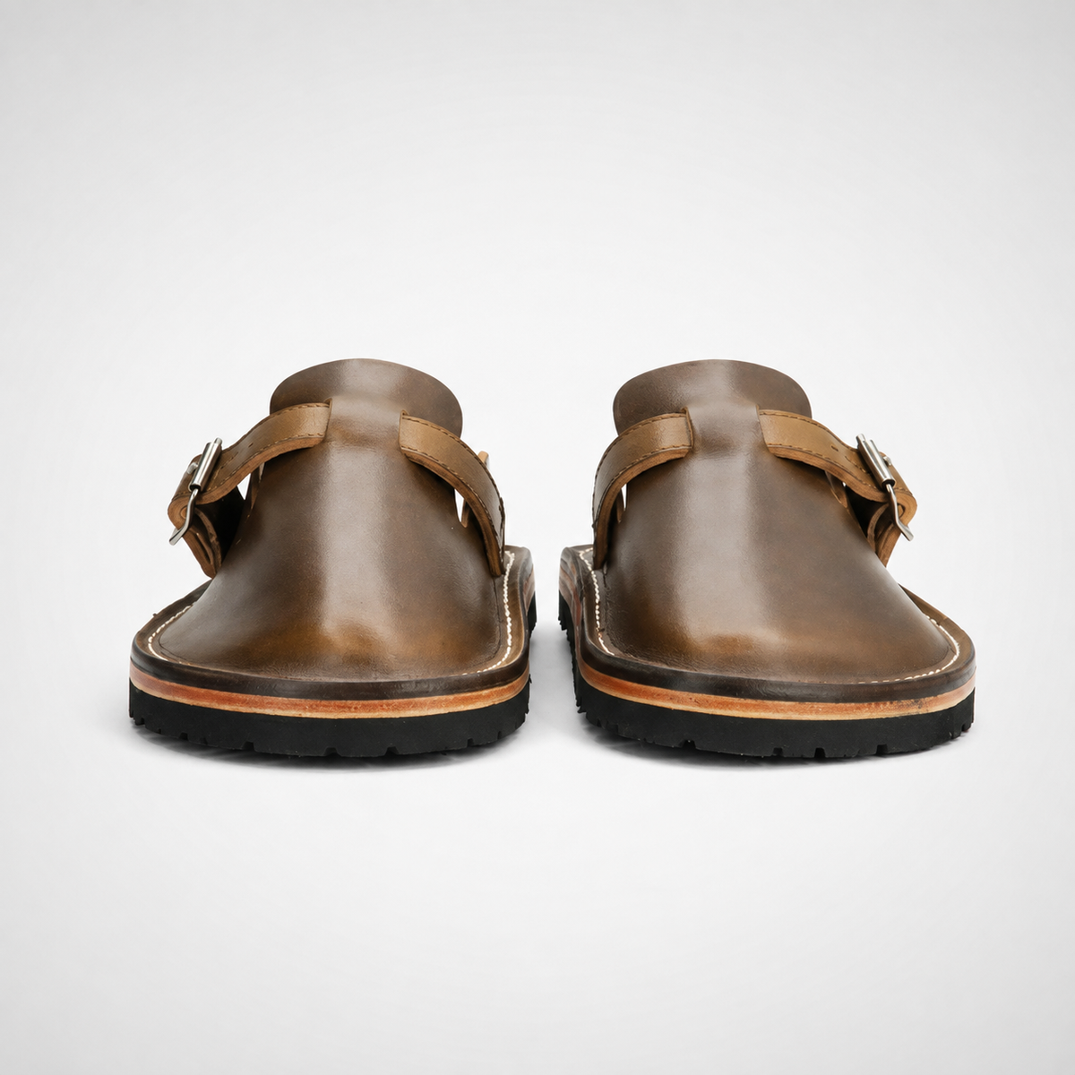 Mens Chestnut Brown Burnished Leather Monk Strap Sabot Mules - Welt Sole Slip-On