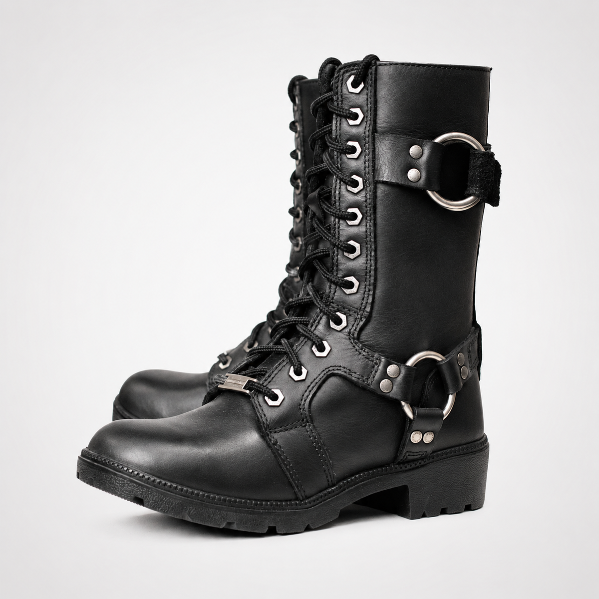 Black Leather Lace-Up Harness Motorcycle Boots - Mid-Calf Biker Style