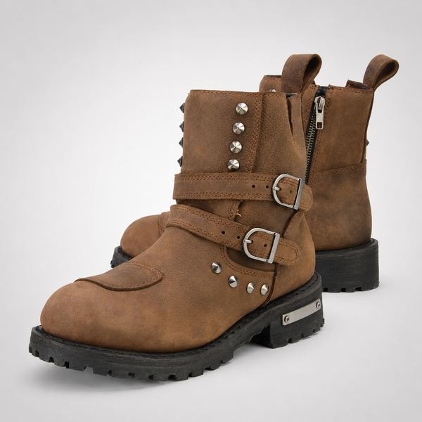 Womens Brown Nubuck Double Buckle Studded Motorcycle Ankle Boots - Biker Style