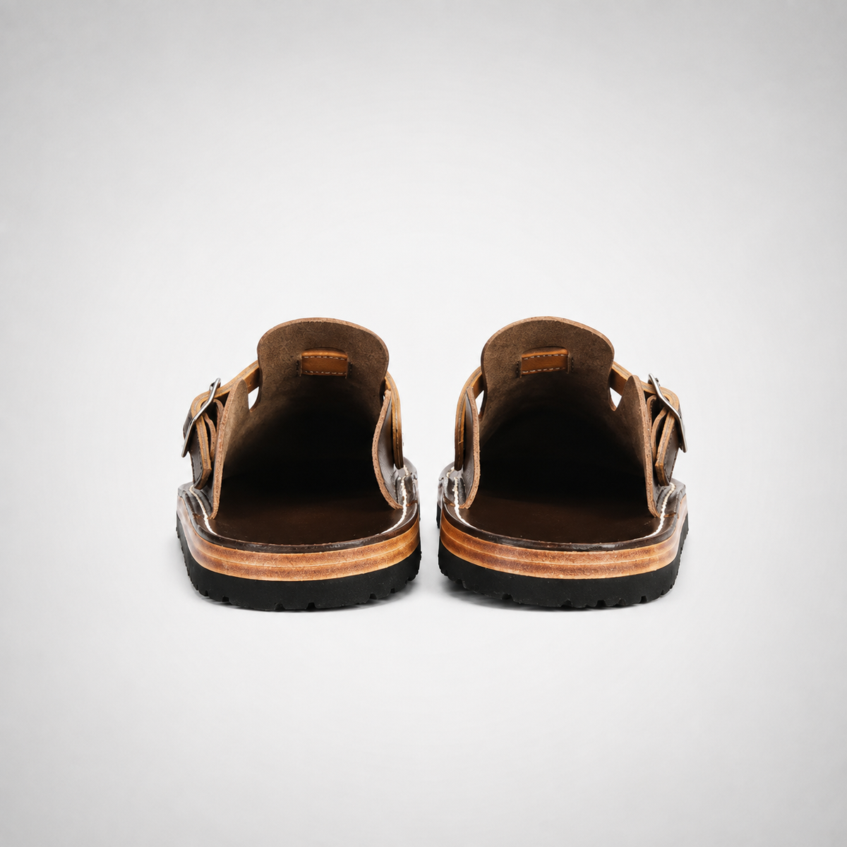 Mens Chestnut Brown Burnished Leather Monk Strap Sabot Mules - Welt Sole Slip-On