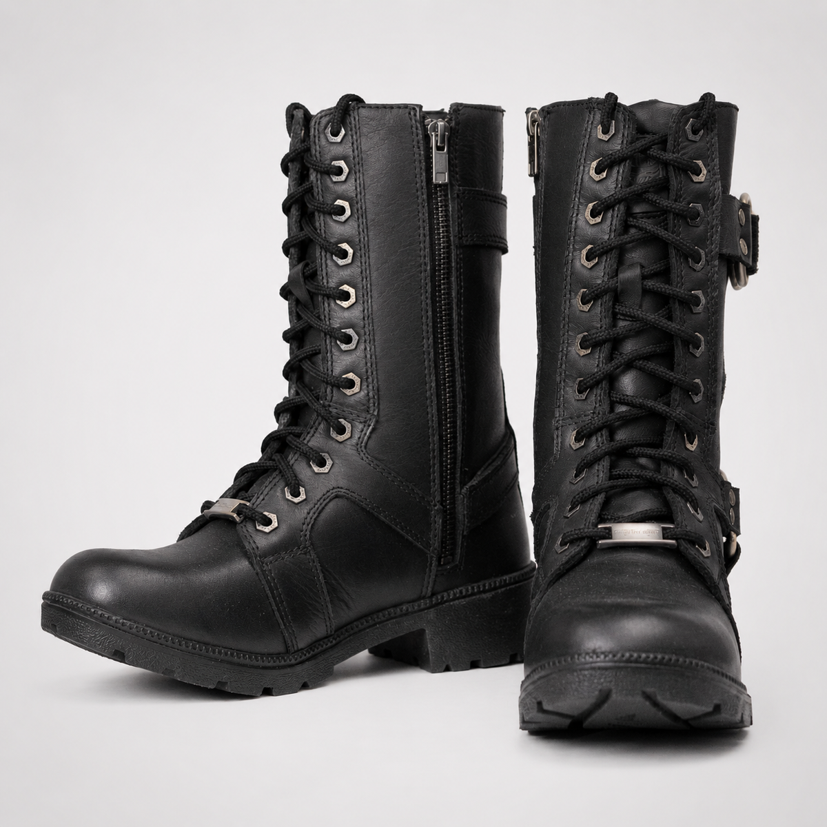 Black Leather Lace-Up Harness Motorcycle Boots - Mid-Calf Biker Style