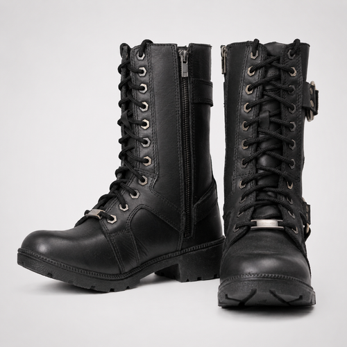 Black Leather Lace-Up Harness Motorcycle Boots - Mid-Calf Biker Style