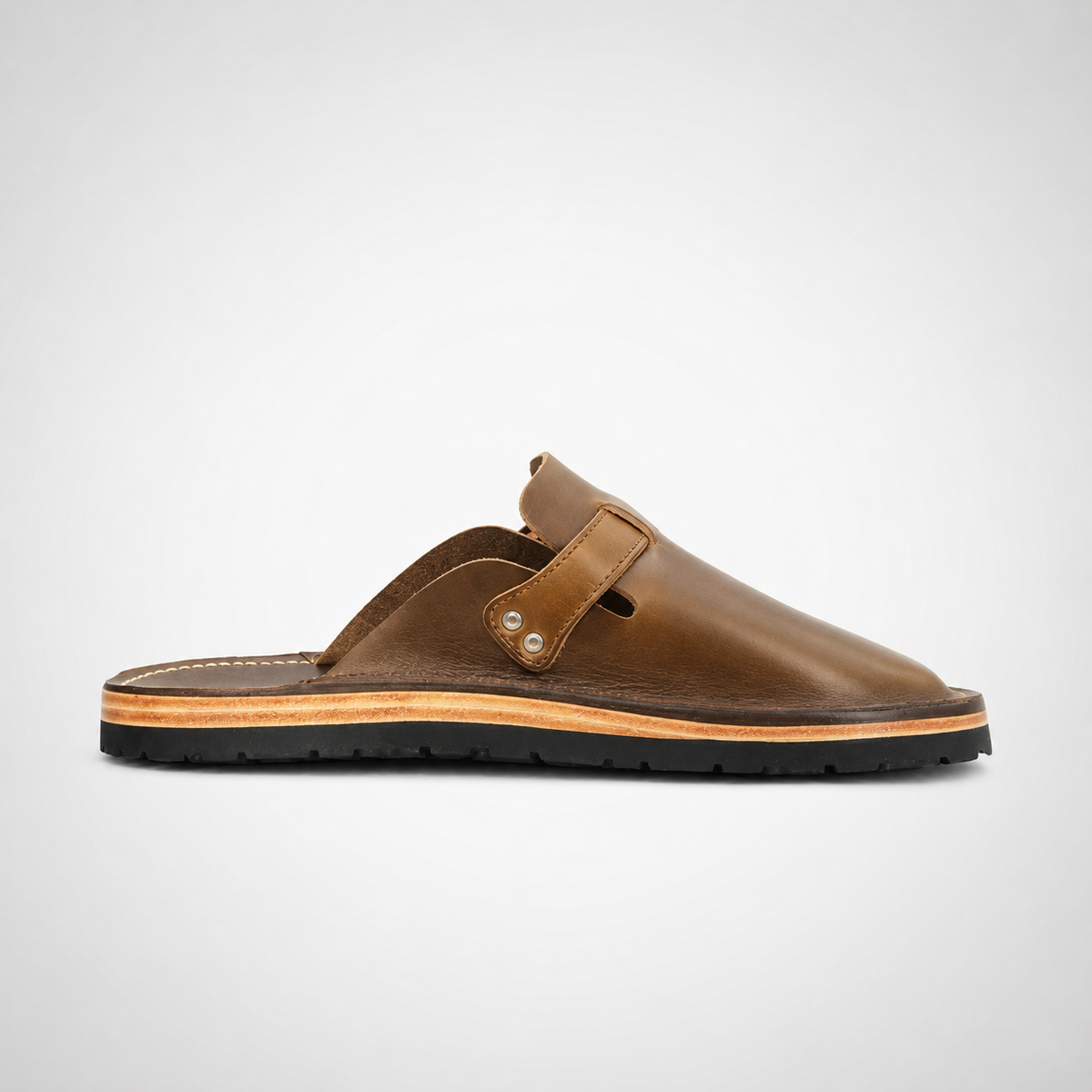 Mens Chestnut Brown Burnished Leather Monk Strap Sabot Mules - Welt Sole Slip-On