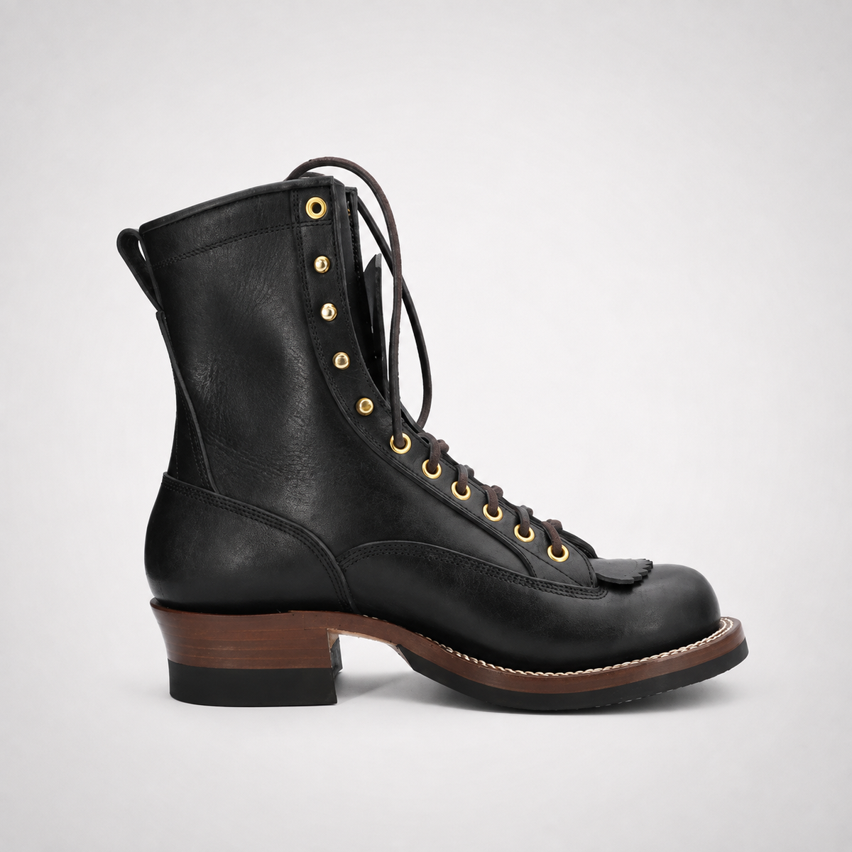 Mens Black Embossed Leather Speed Hook Lace-Up Lineman Boots - Moc Toe Welt Sole