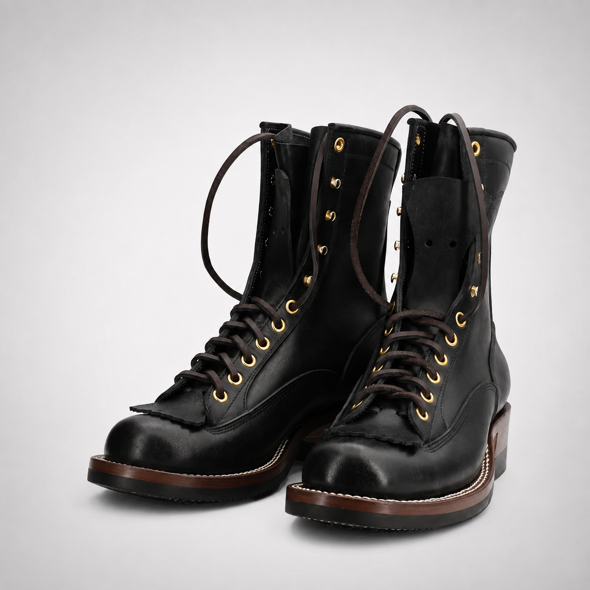 Mens Black Embossed Leather Speed Hook Lace-Up Lineman Boots - Moc Toe Welt Sole