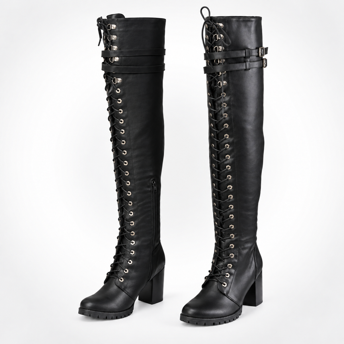 Womens Black Leather Corset Lace-Up Over-the-Knee Boots - Double Buckle Thigh Cuff Block Heel