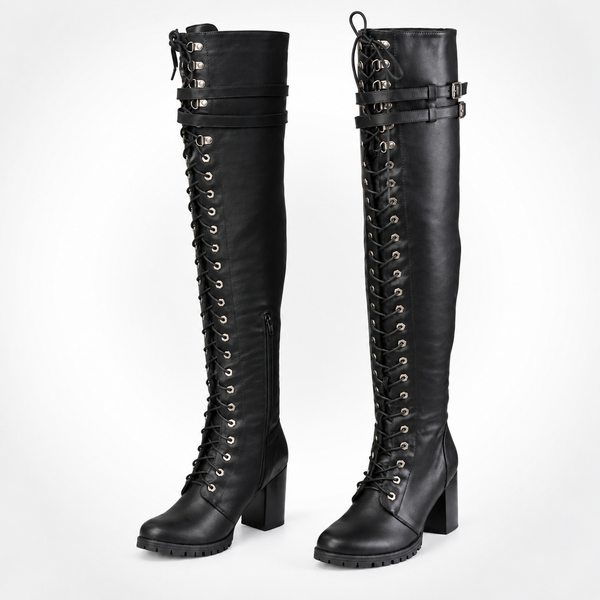 Womens Black Leather Corset Lace-Up Over-the-Knee Boots - Double Buckle Thigh Cuff Block Heel