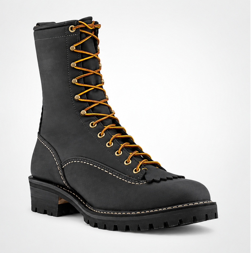 Black Leather Jobmaster Leather Boots - Amber Lace Gold Speed-Hook Mid-Calf Lug Sole