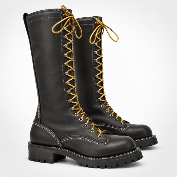 Black Leather Jobmaster Boots Yellow Lace Logger Boots - Moc Toe Silver Eyelet Lug Sole