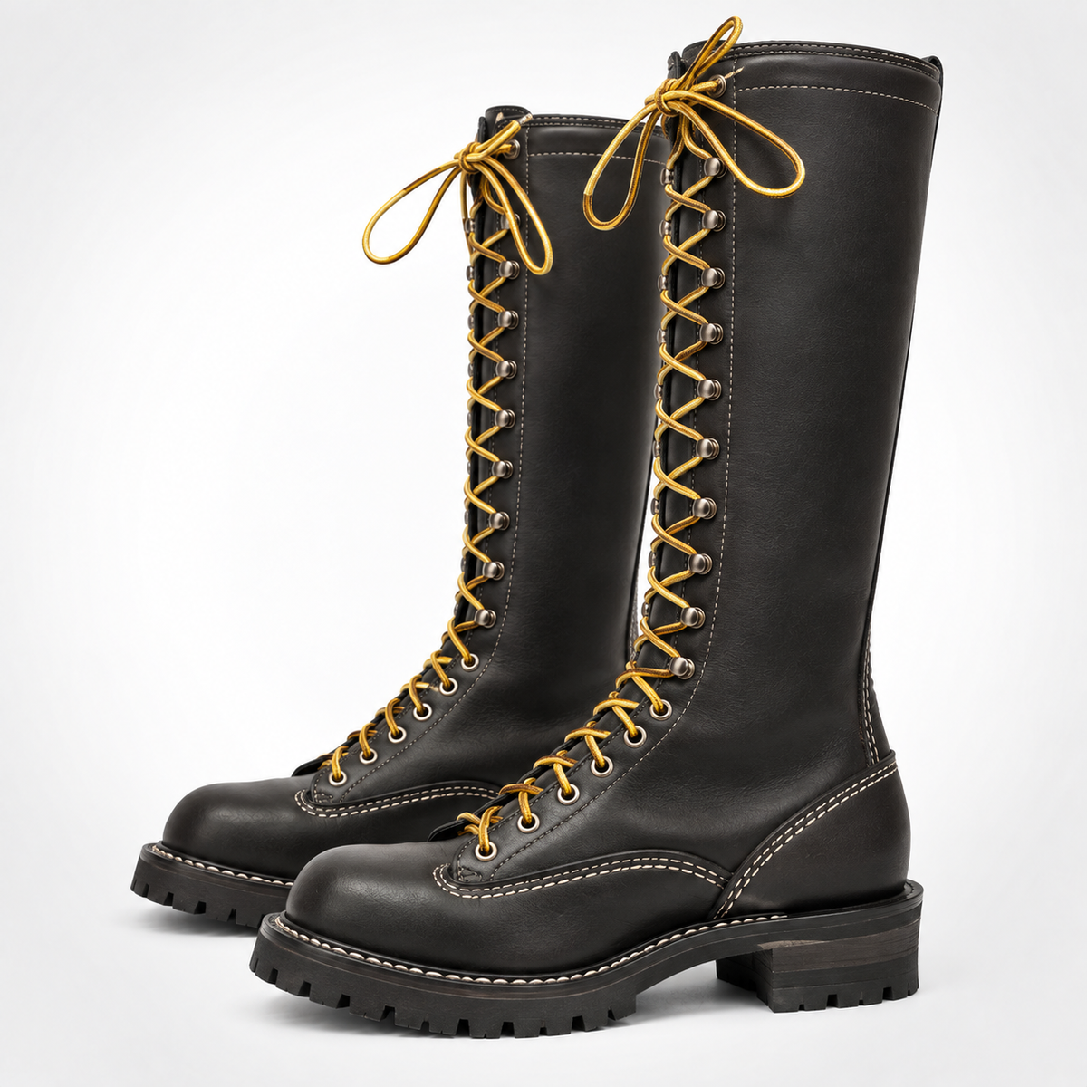 Black Leather Jobmaster Boots Yellow Lace Logger Boots - Moc Toe Silver Eyelet Lug Sole