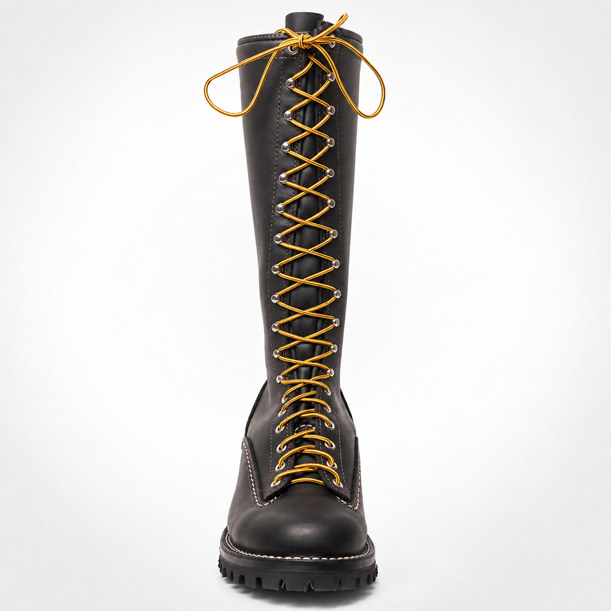Black Leather Jobmaster Boots Yellow Lace Logger Boots - Moc Toe Silver Eyelet Lug Sole