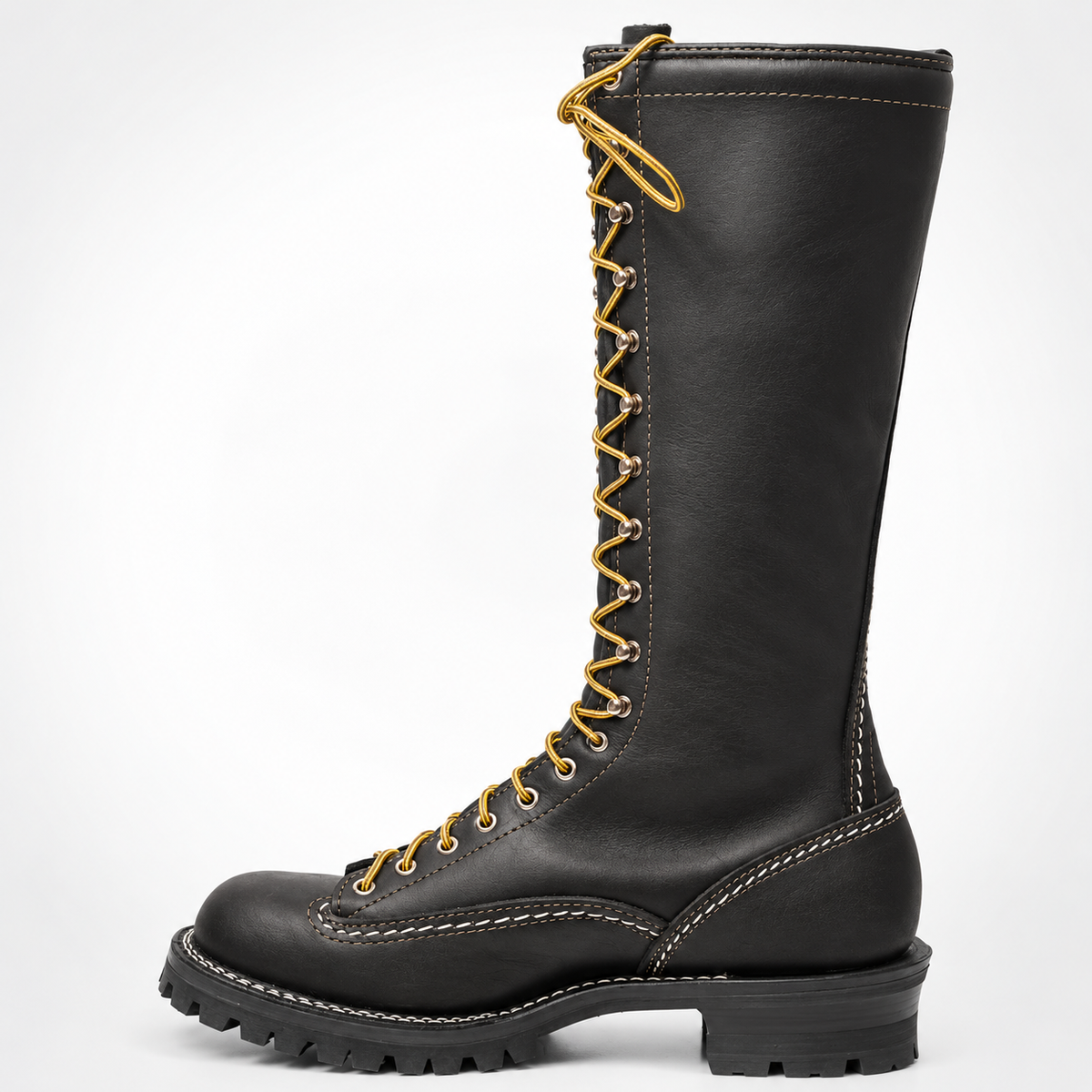 Black Leather Jobmaster Boots Yellow Lace Logger Boots - Moc Toe Silver Eyelet Lug Sole
