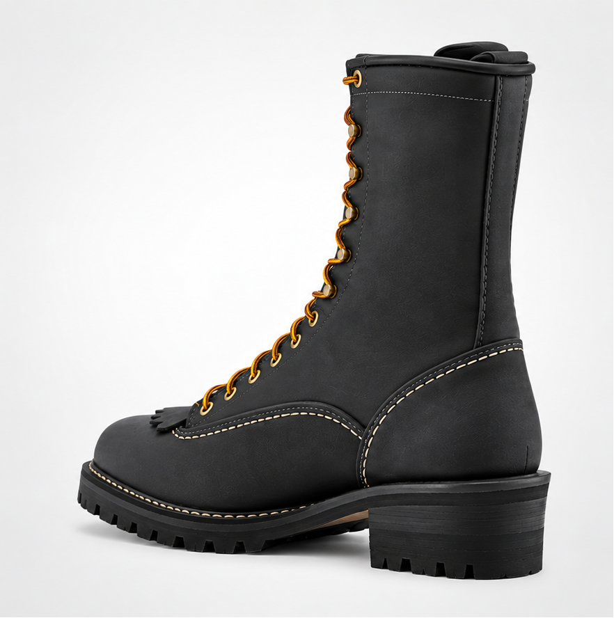 Black Leather Jobmaster Leather Boots - Amber Lace Gold Speed-Hook Mid-Calf Lug Sole