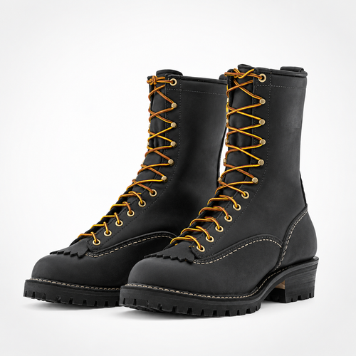 Black Leather Jobmaster Leather Boots - Amber Lace Gold Speed-Hook Mid-Calf Lug Sole